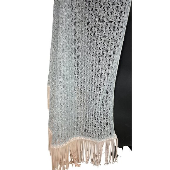 Vintage Light Gray Lace Knit Shawl With White Fringe Trim - Picture 8 of 9